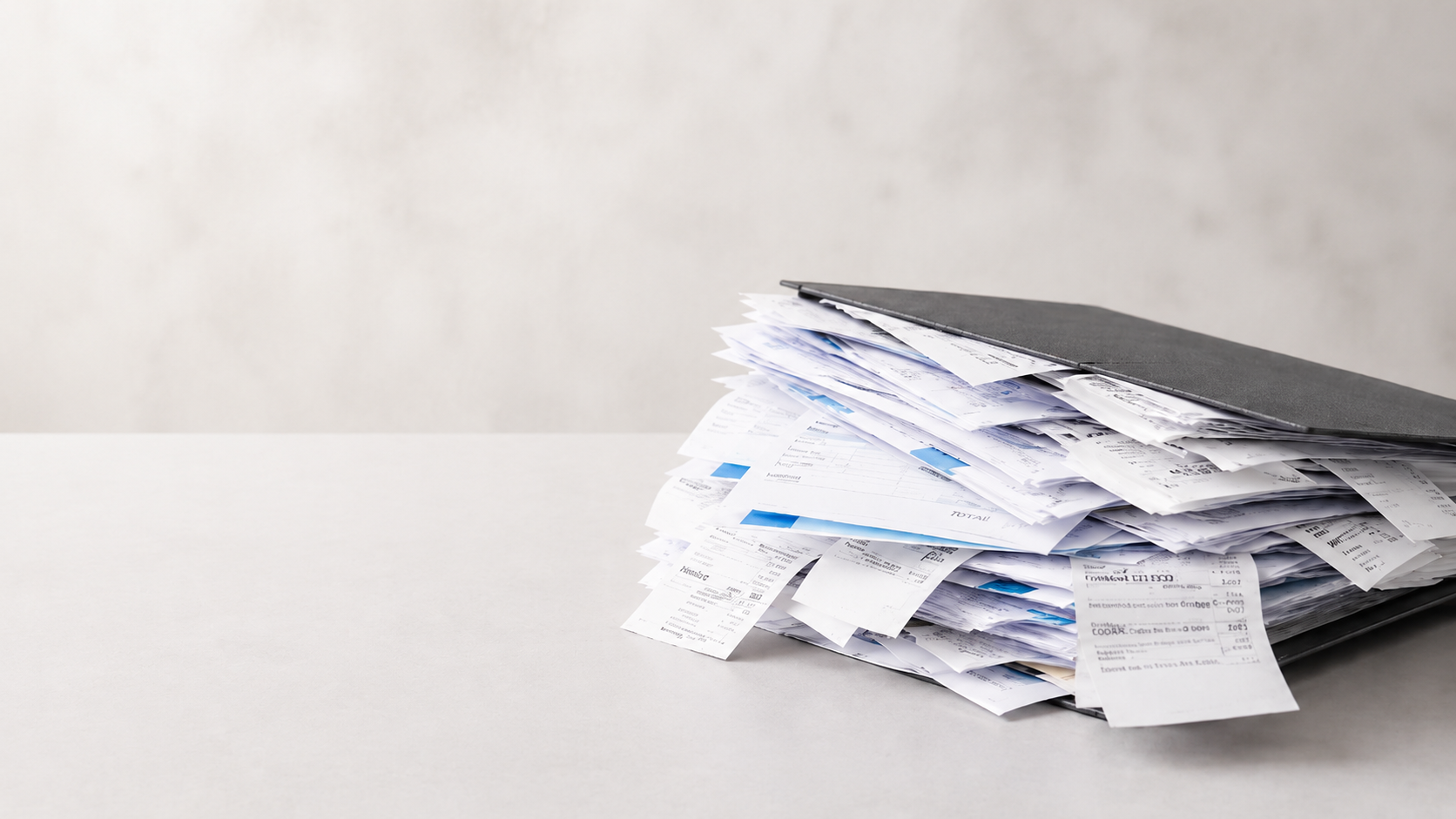 Carpeta llena de facturas, tickets y documentos desordenados